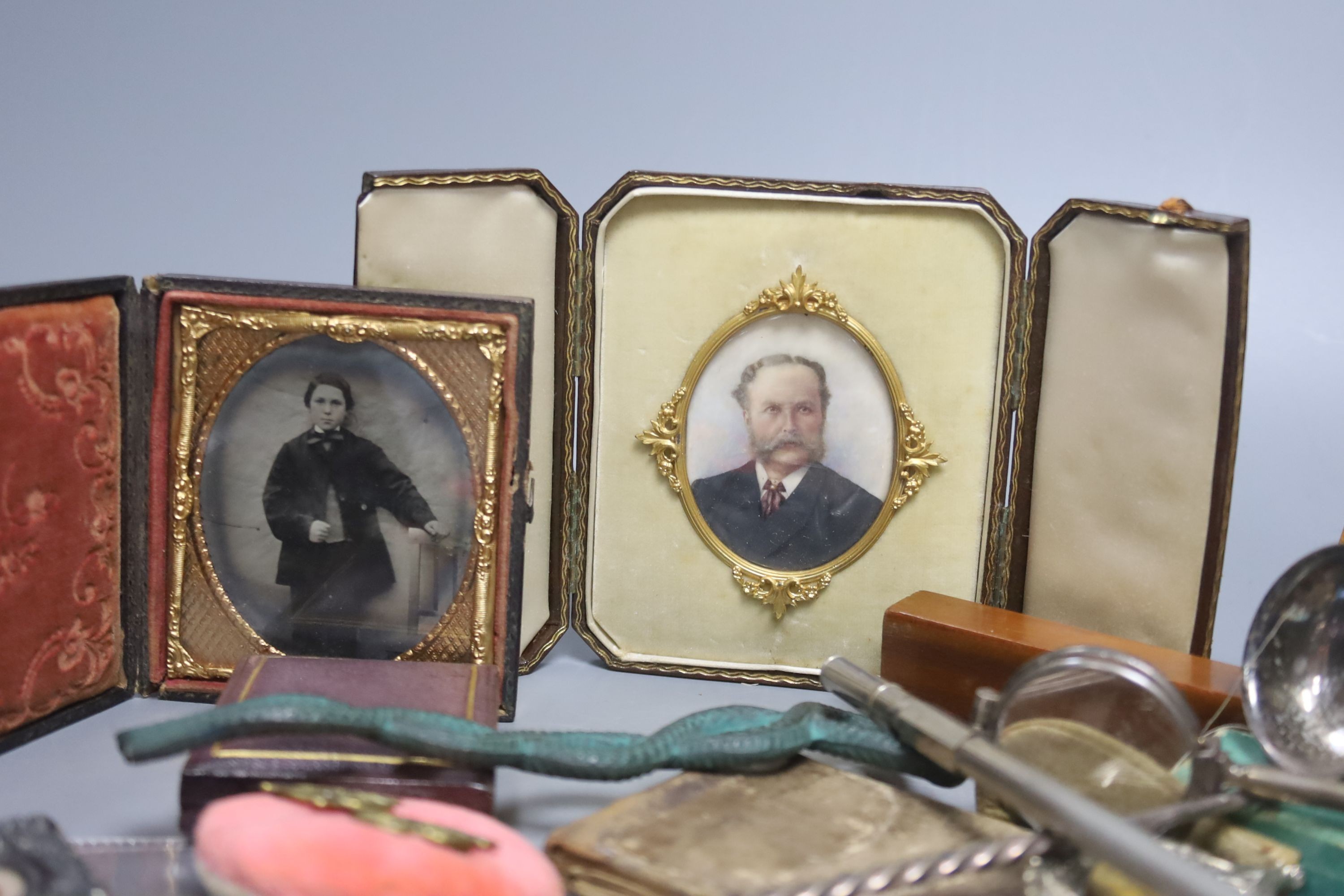 A box of objects of vertu, portrait miniature, coins and medals
